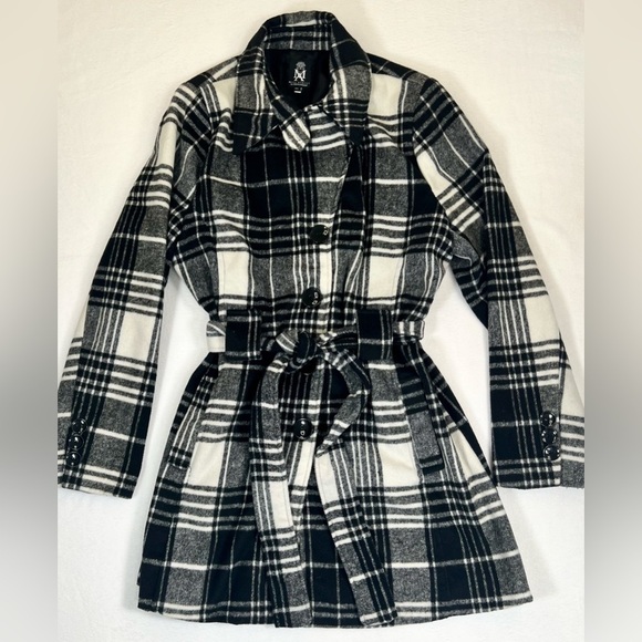 MISS ASHLEY Plaid Wool Blend Button‎ Down Trench Coat XL Academia Fall Tartan - Picture 1 of 13